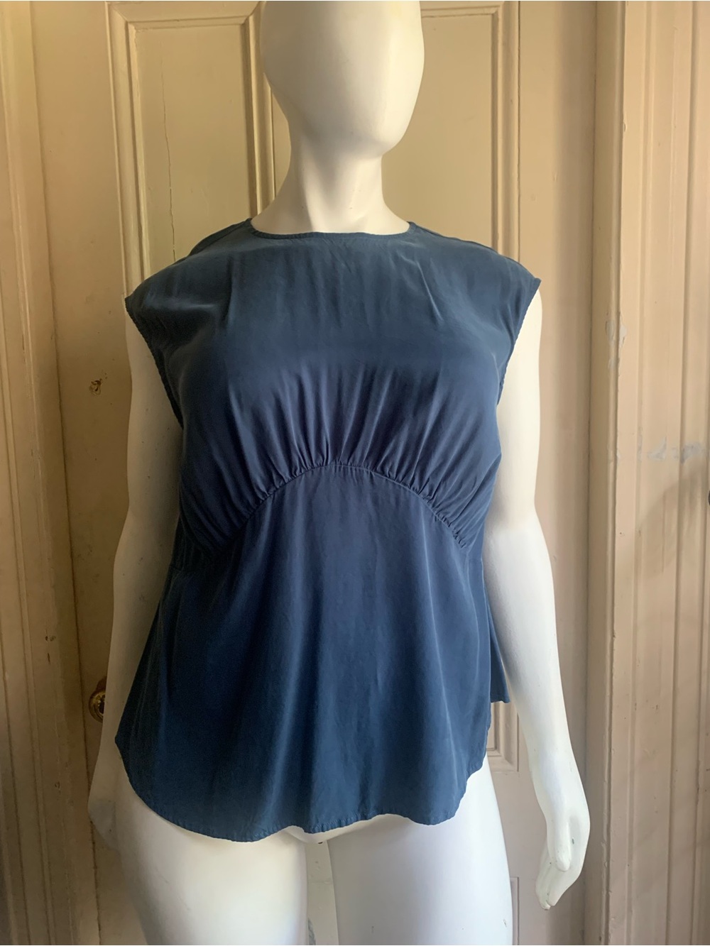 Universal Standard Steel Blue Sleeveless Gathered-Waist Cupro Blouse